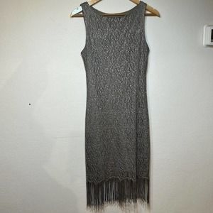 Vintage Be Smart Gray Sheath Dress Crocheted With Gold Shimmer‎ Lace Fringe